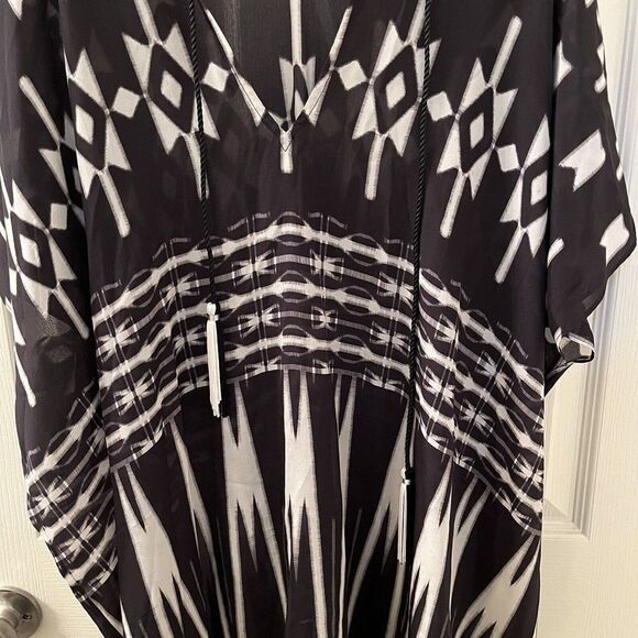 Marie France Van Damme Ethnic Printed Silk Short Boubou Caftan Black White OS - Picture 6 of 16